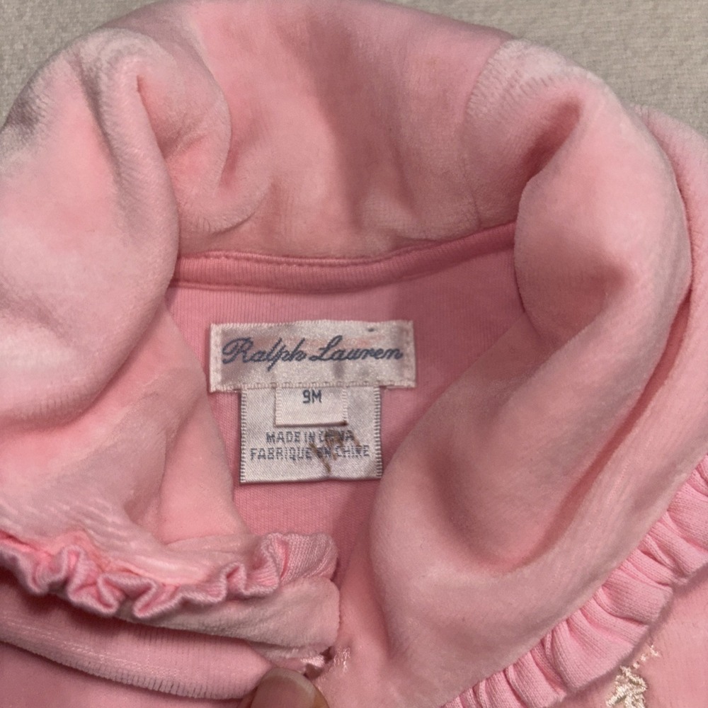 Ralph Lauren Girl 9 Months Pink Soft Velour Collar Footed One Piece Outfit EUC - Picture 3 of 5